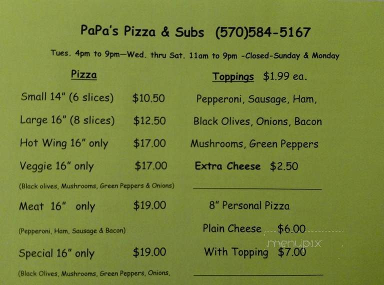Pa-Pa's Pizza & Subs - Picture Rocks, PA