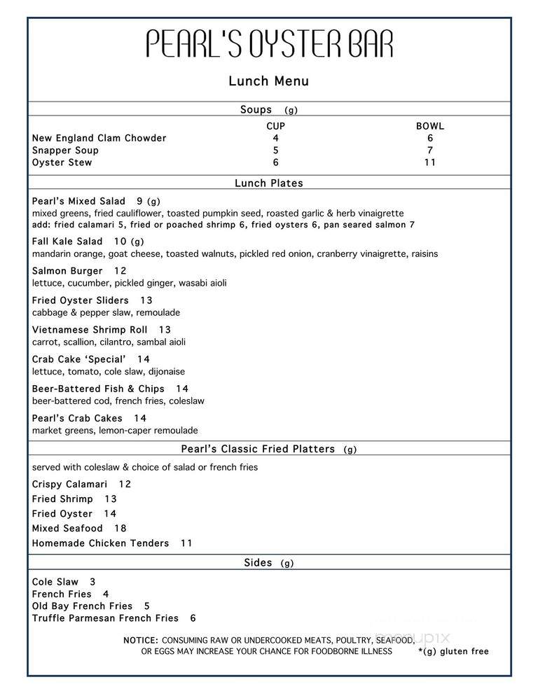 Pearl's Oyster Bar - Philadelphia, PA menu_pic