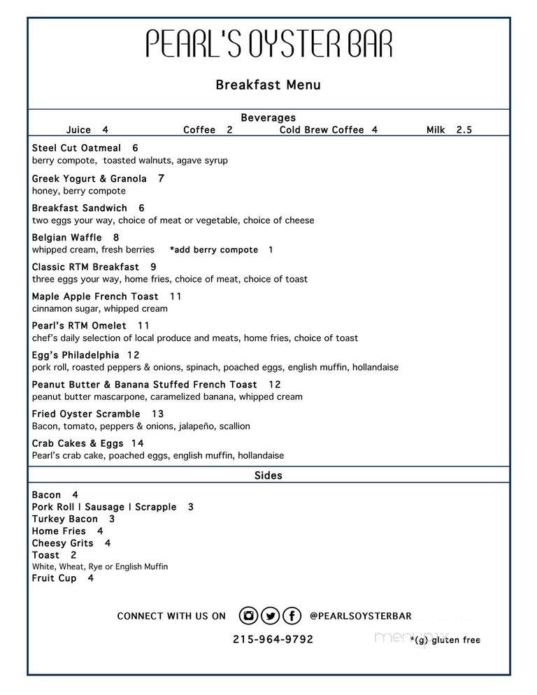 Pearl's Oyster Bar - Philadelphia, PA menu_pic