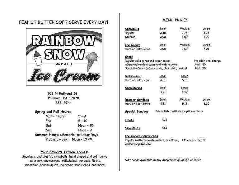 Rainbow Snow & Ice Cream - Palmyra, PA menu_pic