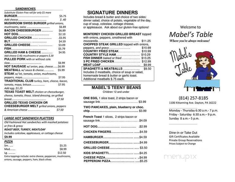Mabel's Table - Dayton, PA menu_pic