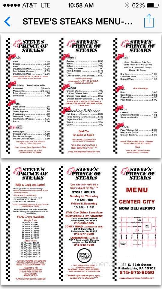 Steve's Prince Of Steaks Comly - Philadelphia, PA menu_pic