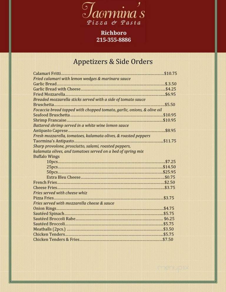 Taormina's Pizza & Panini - Richboro, PA menu_pic