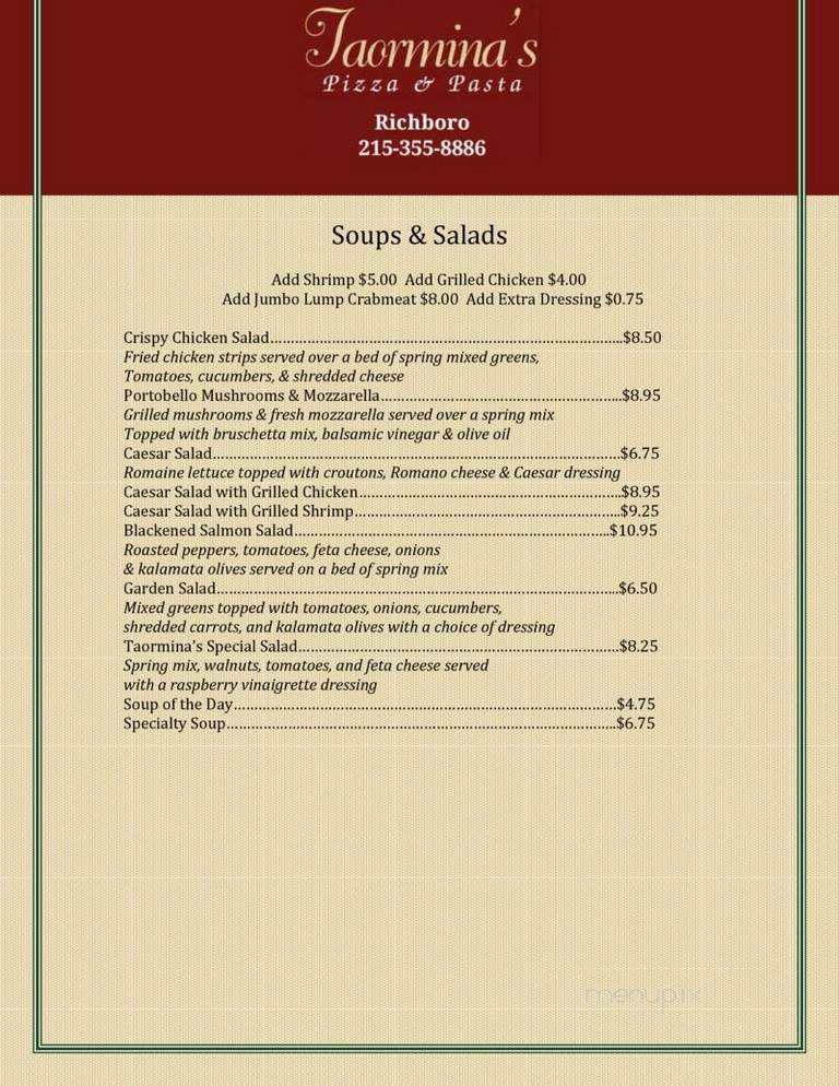 Taormina's Pizza & Panini - Richboro, PA menu_pic