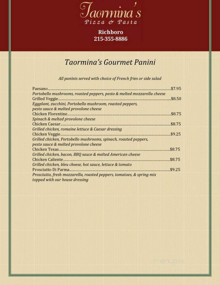 Taormina's Pizza & Panini - Richboro, PA menu_pic