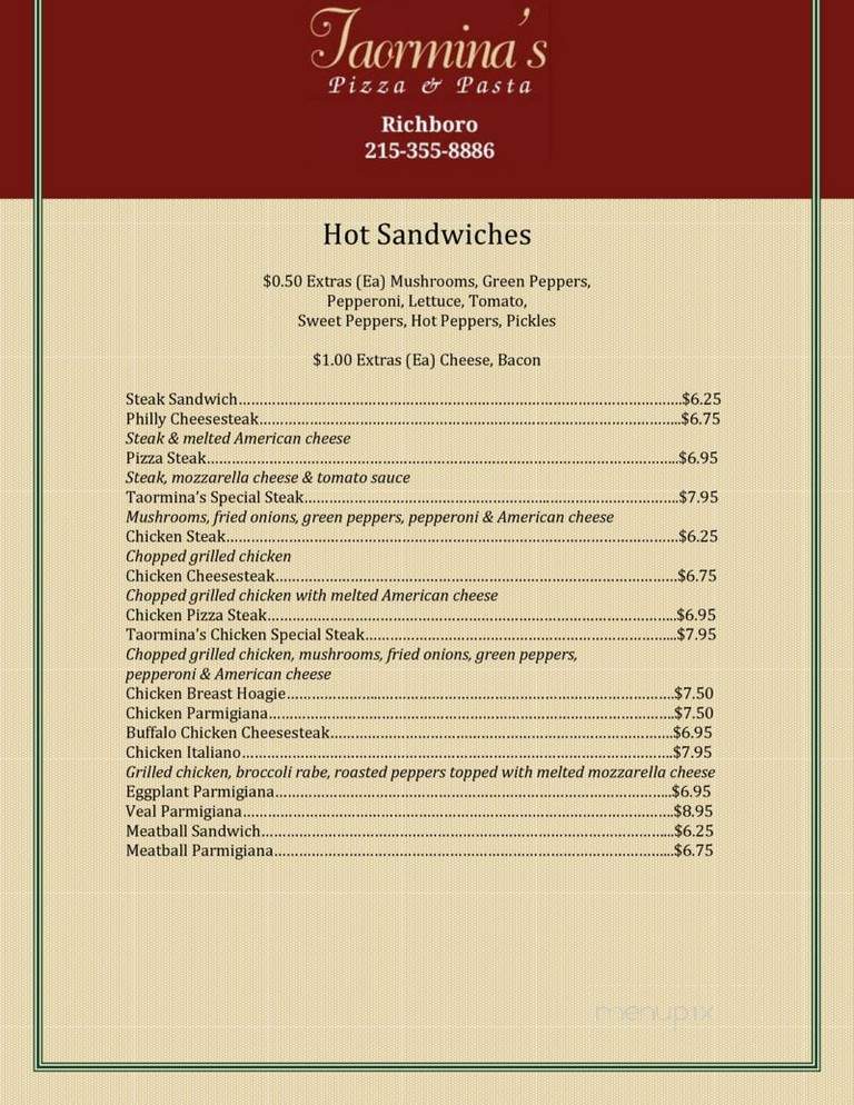 Taormina's Pizza & Panini - Richboro, PA menu_pic