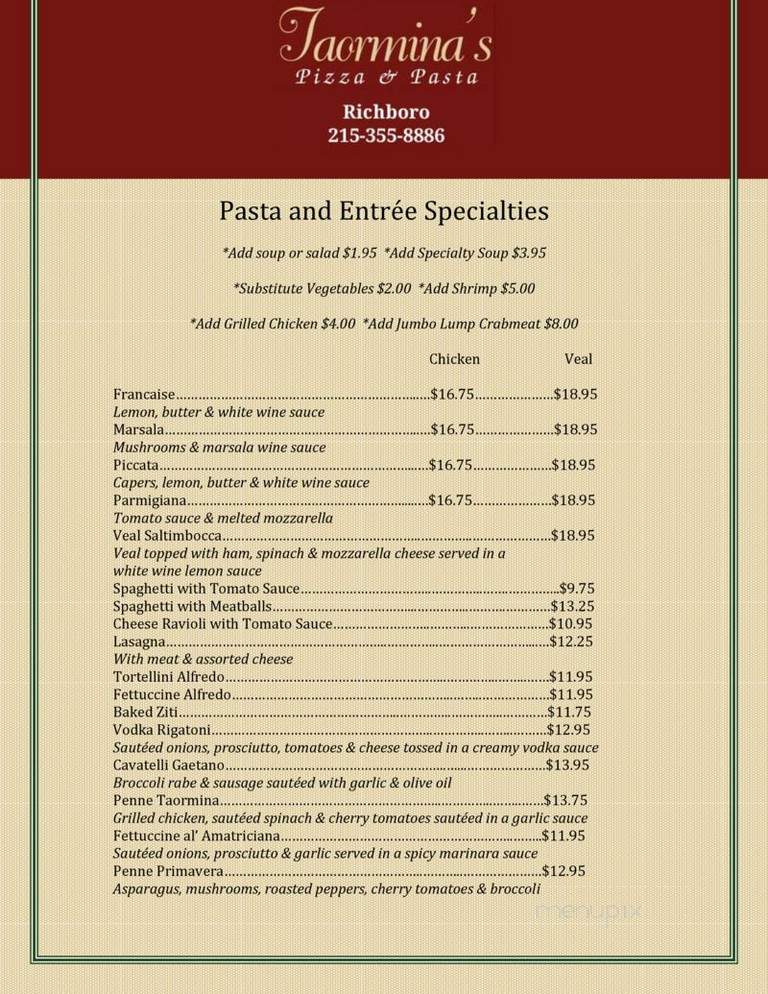 Taormina's Pizza & Panini - Richboro, PA menu_pic