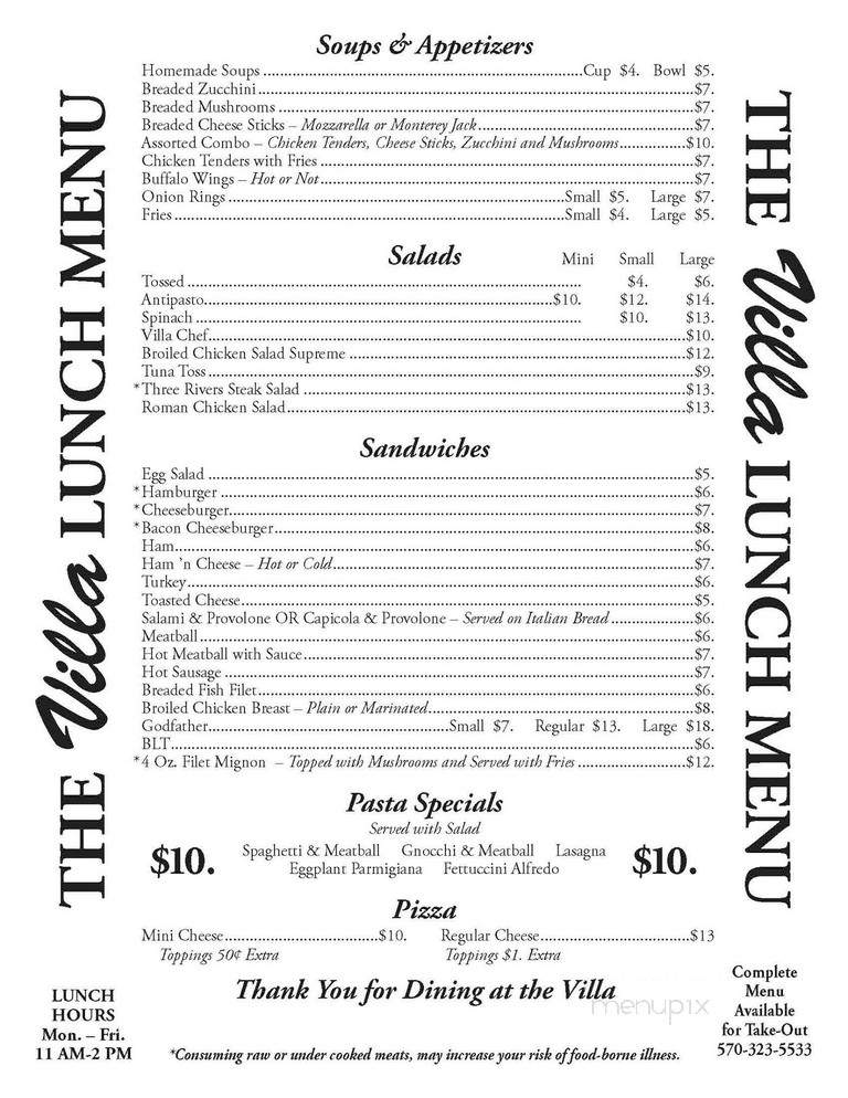 Villa - Williamsport, PA menu_pic