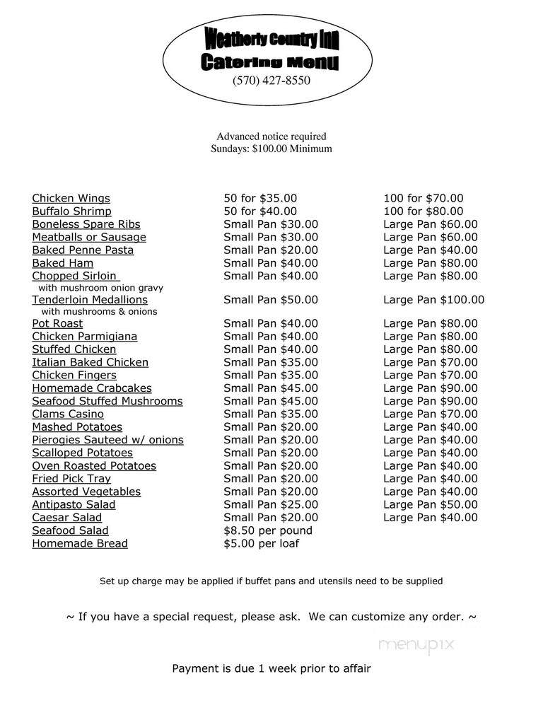 Weatherly Country Inn Restaurant - Weatherly, PA menu_pic