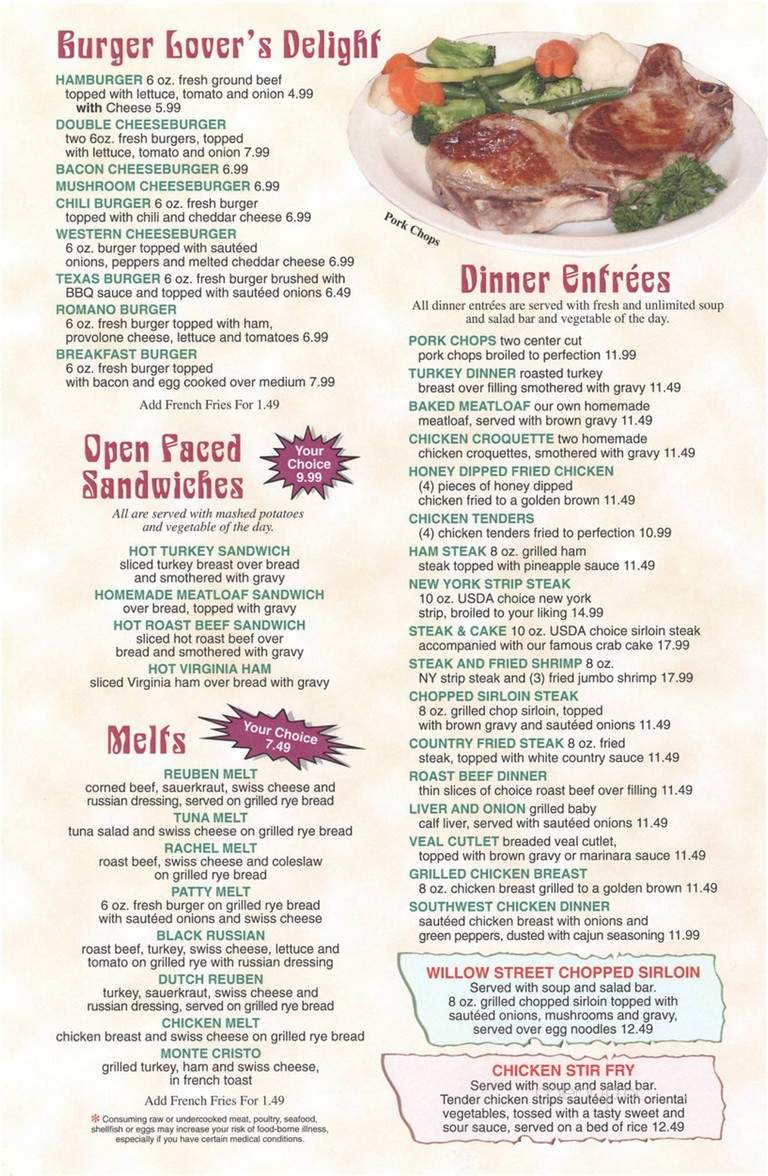 Willow Street Diner - Willow Street, PA menu_pic