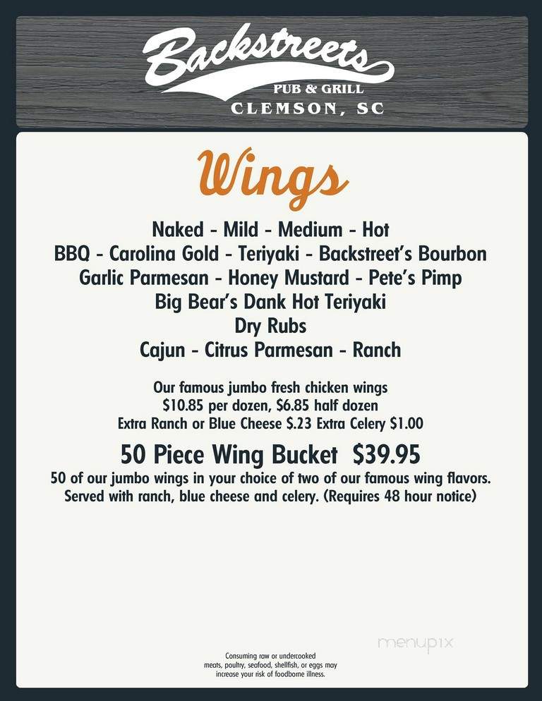 Backstreets Pub & Deli - Clemson, SC menu_pic