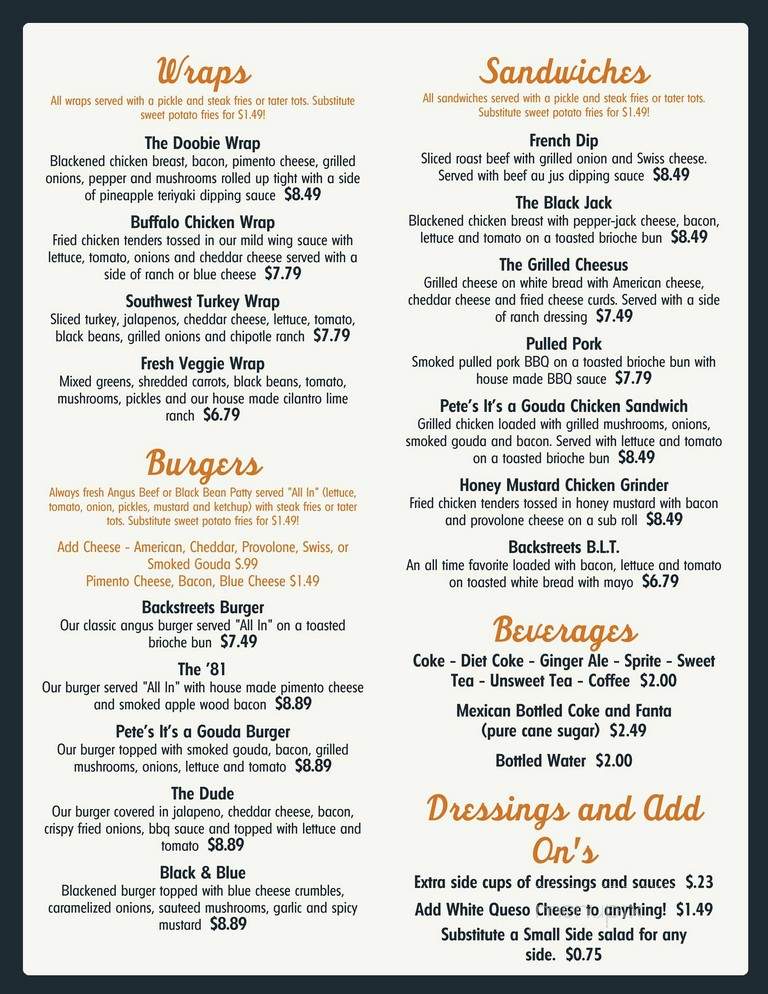Backstreets Pub & Deli - Clemson, SC menu_pic