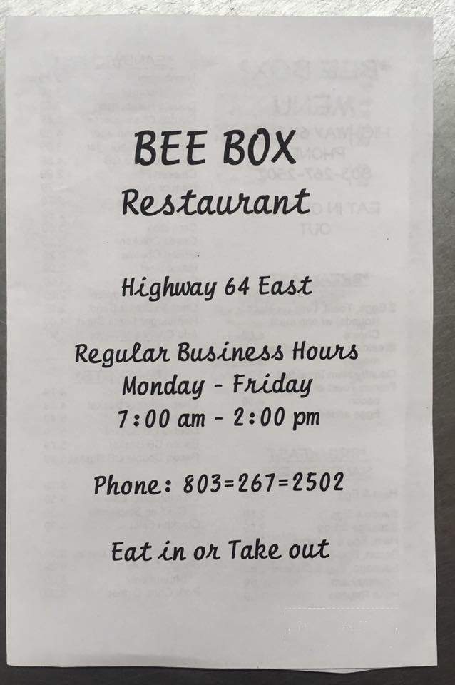 Bee Box - Ehrhardt, SC menu_pic