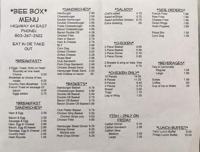 Bee Box - Ehrhardt, SC menu_pic