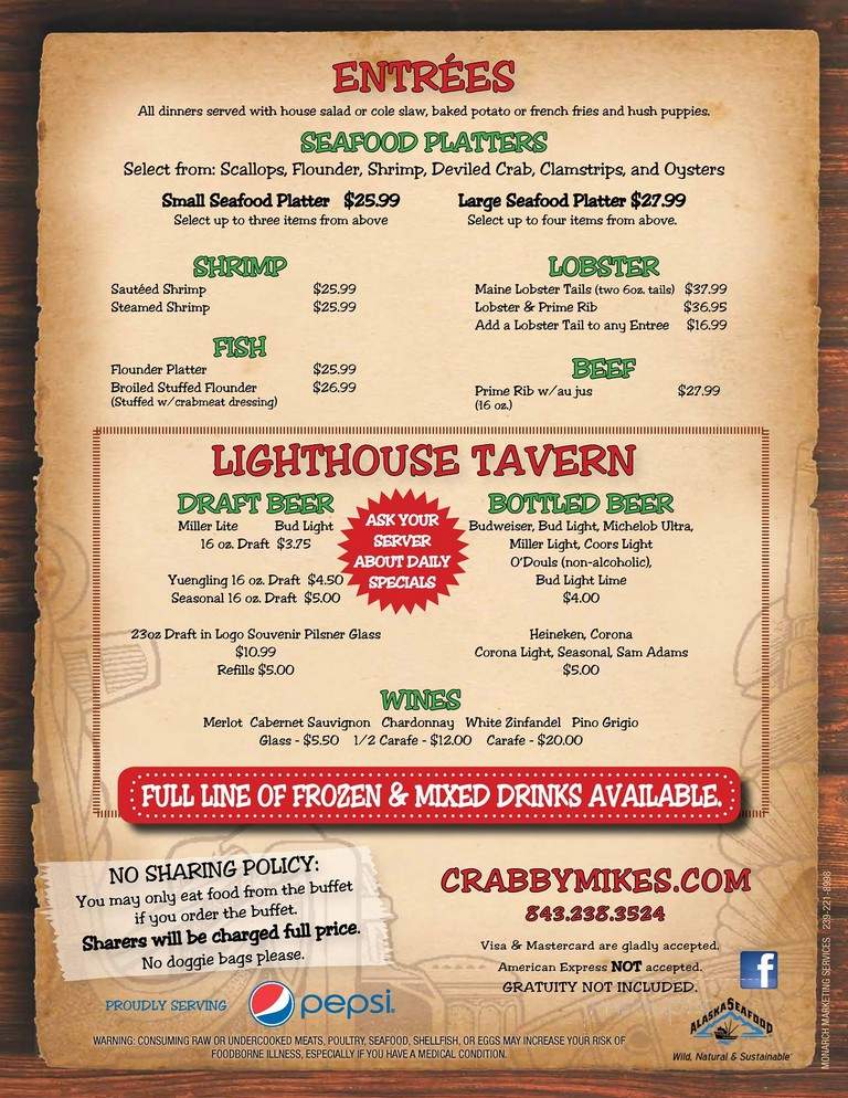 Menu of Crabby Mike's Calabash in Surfside Beach, SC 29575