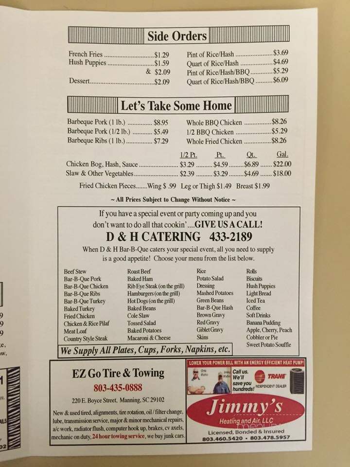 D & H Bar-B-Que - Manning, SC menu_pic