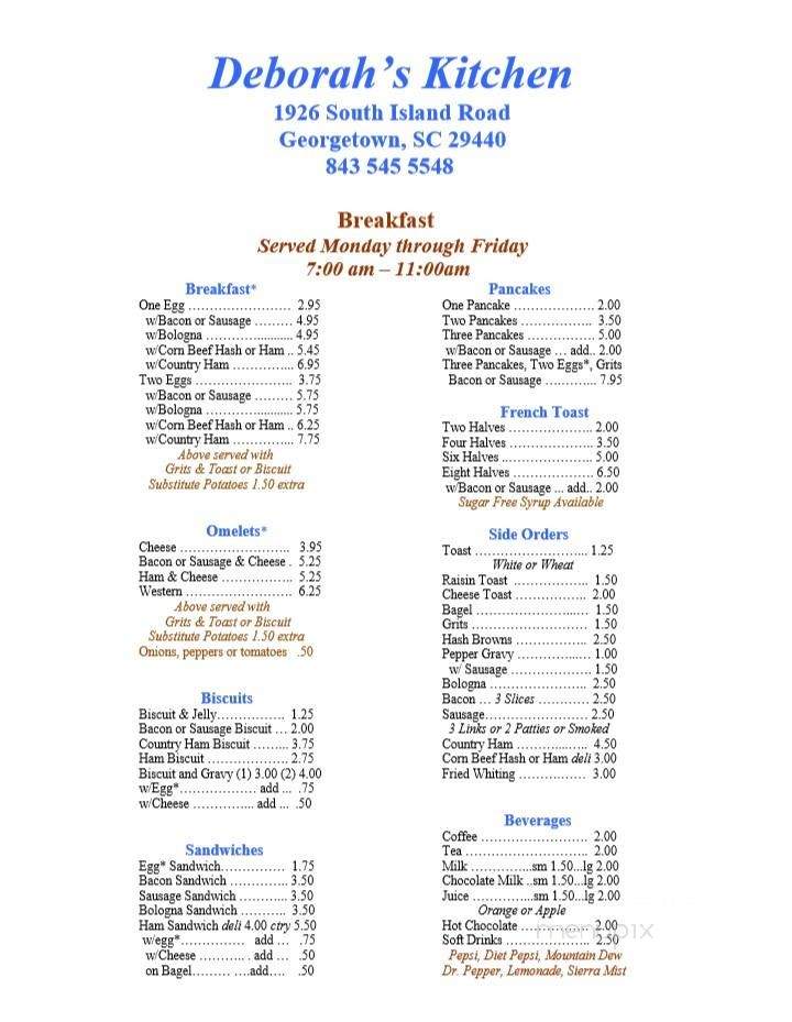 Deborah's Kitchen - Georgetown, SC menu_pic