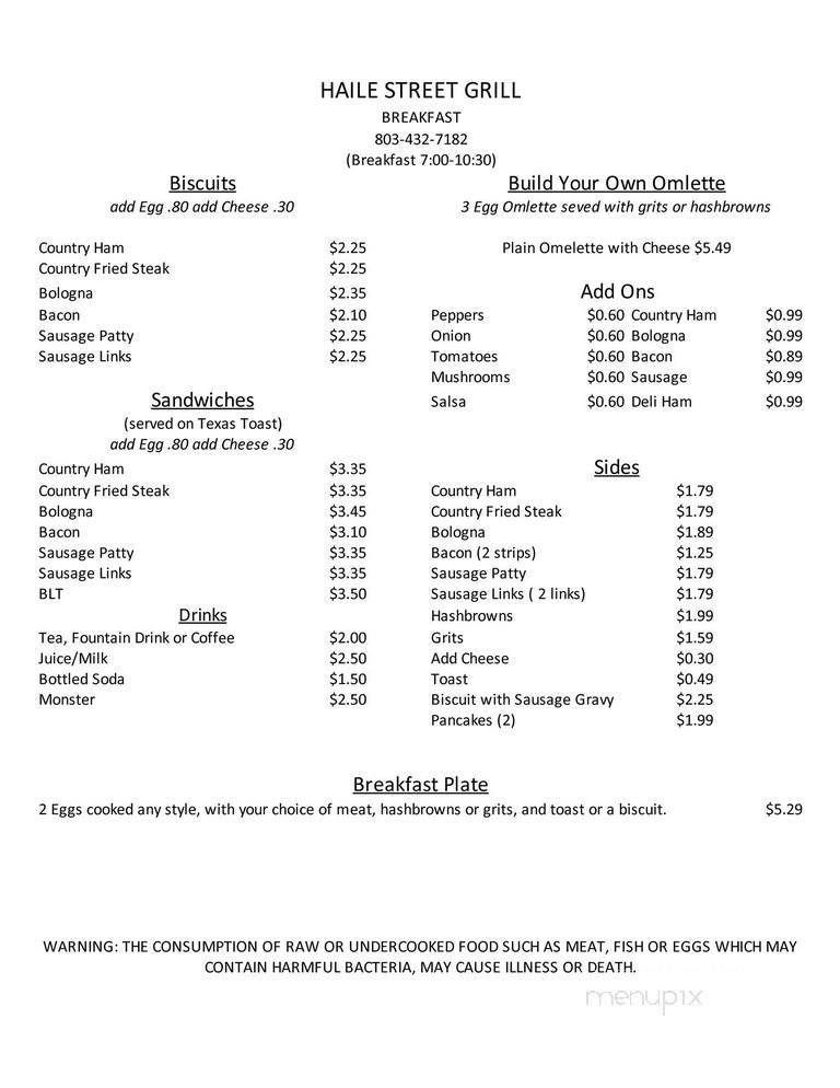 Haile Street Grill - Camden, SC menu_pic