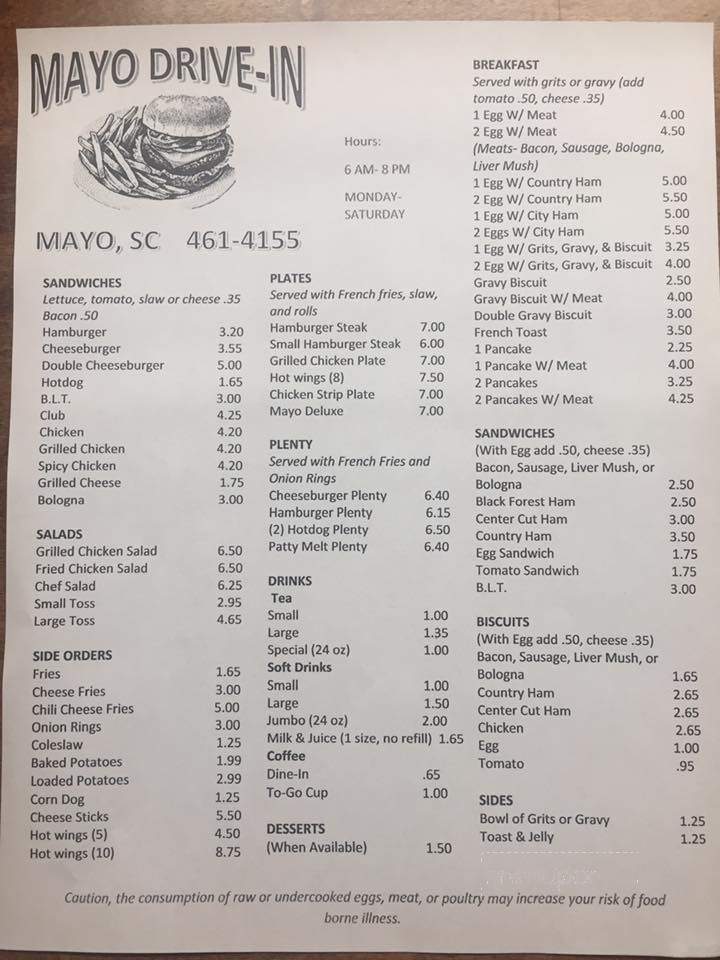 Menu of Mayo DriveIn in Chesnee, SC 29323