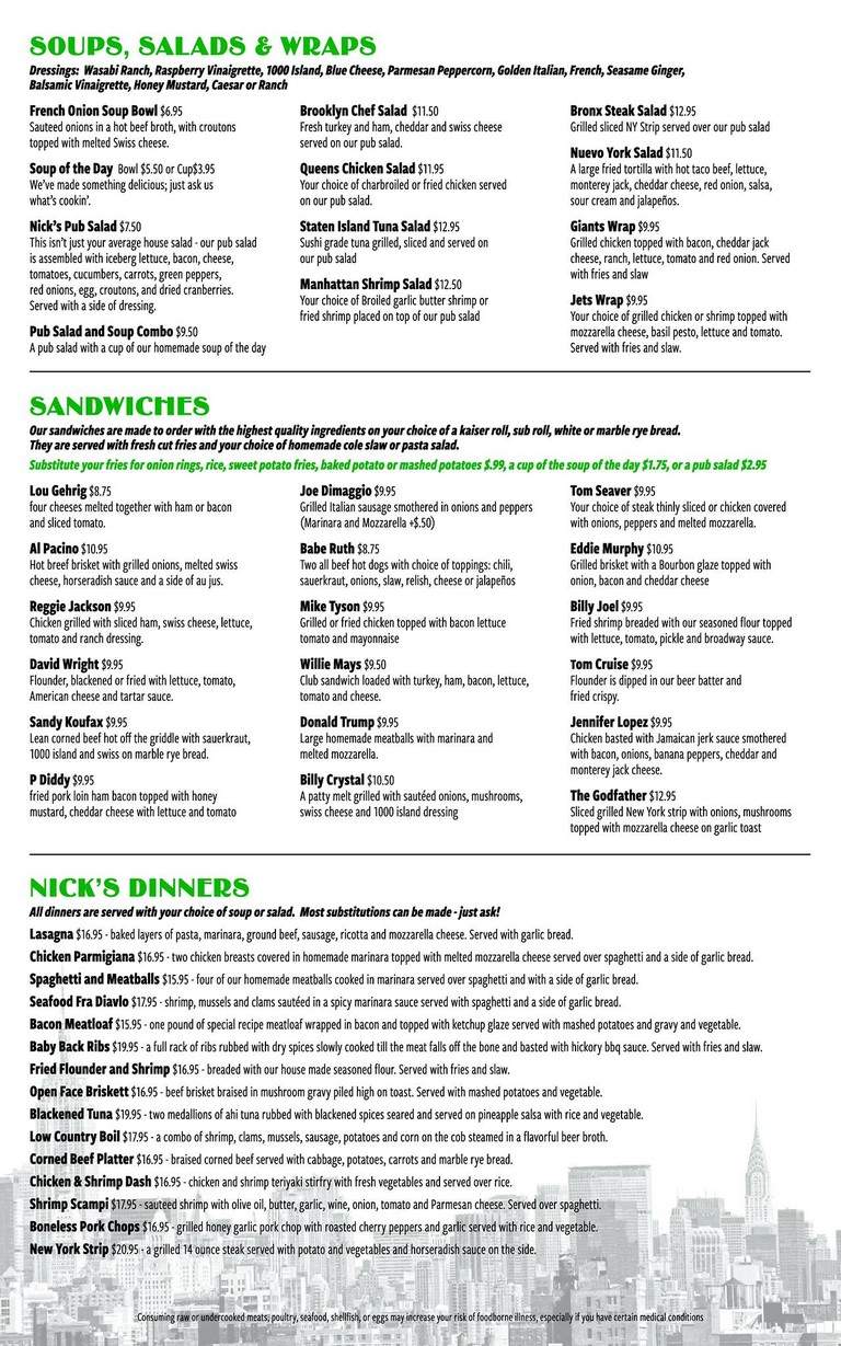 Nick's New York Pub - Surfside Beach, SC menu_pic