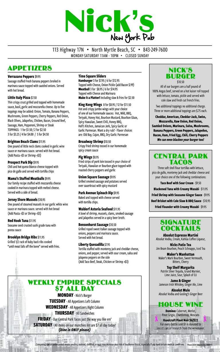 Nick's New York Pub - Surfside Beach, SC menu_pic
