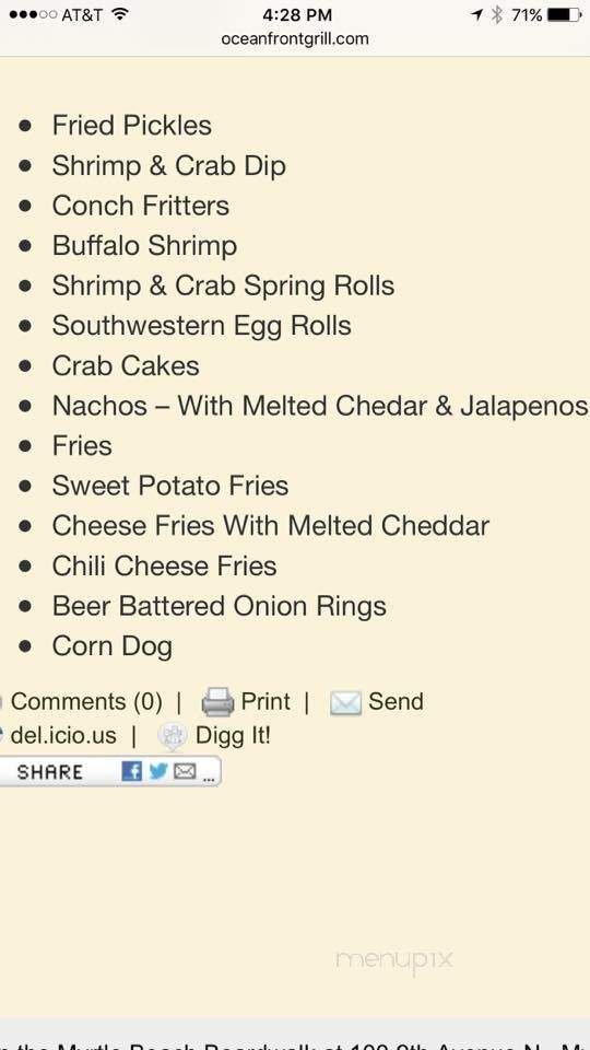Ocean Front Grill - Myrtle Beach, SC menu_pic