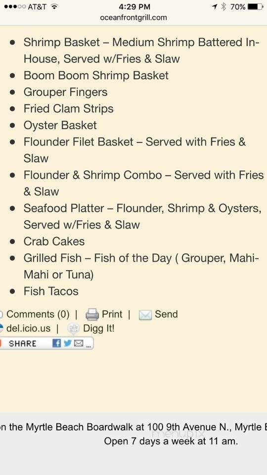 Ocean Front Grill - Myrtle Beach, SC menu_pic