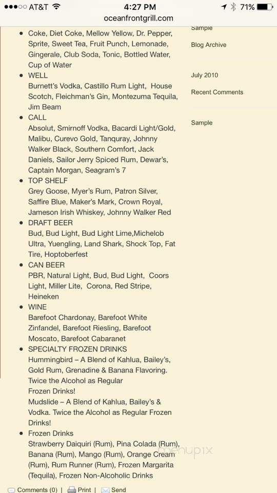 Ocean Front Grill - Myrtle Beach, SC menu_pic