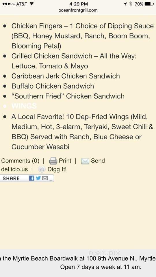 Ocean Front Grill - Myrtle Beach, SC menu_pic