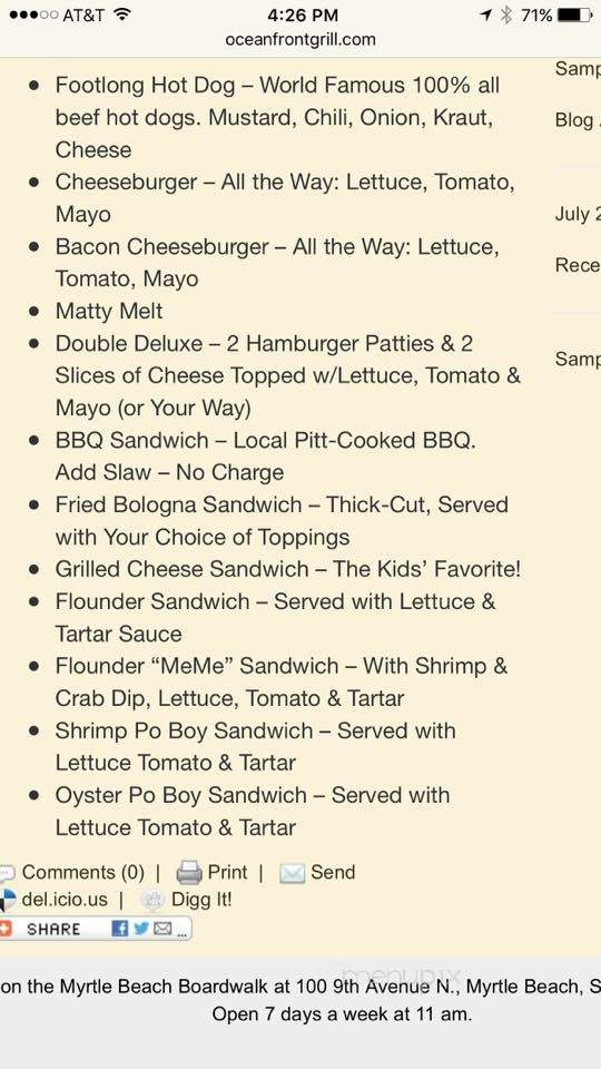 Ocean Front Grill - Myrtle Beach, SC menu_pic