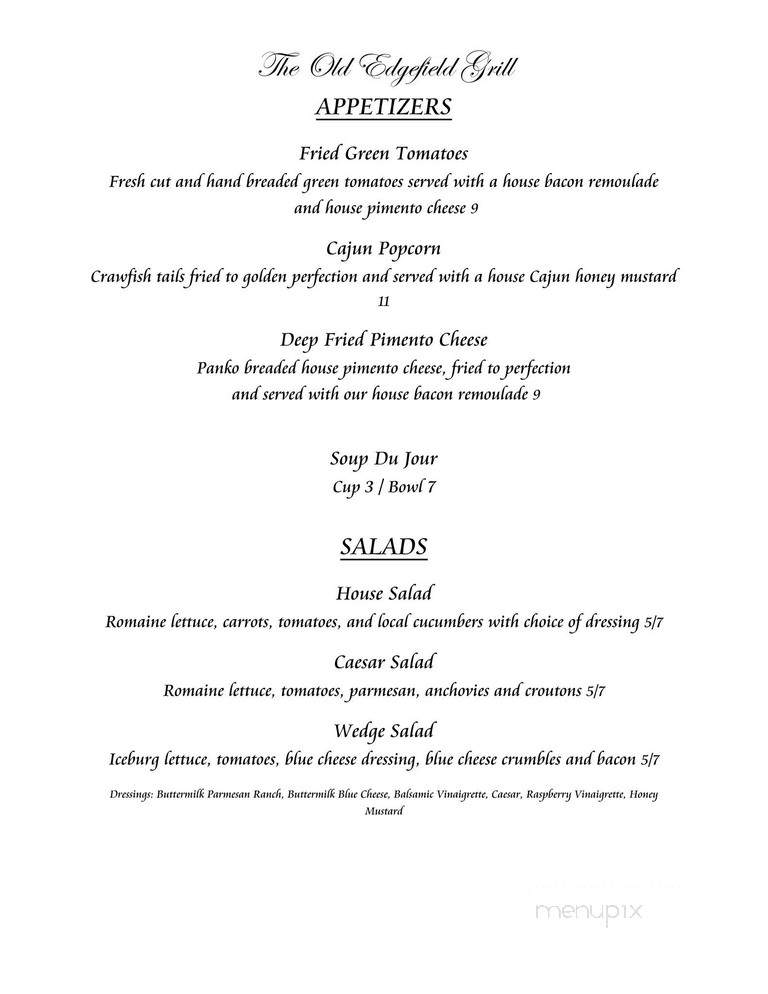 Old Edgefield Grille - Edgefield, SC menu_pic