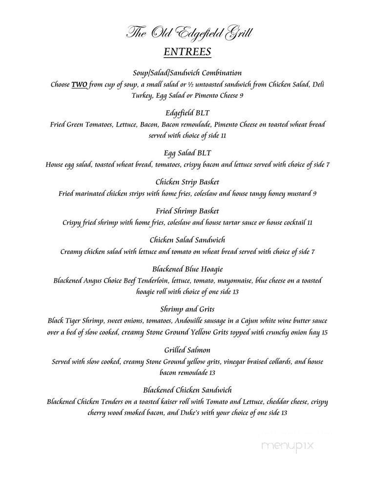 Old Edgefield Grille - Edgefield, SC menu_pic