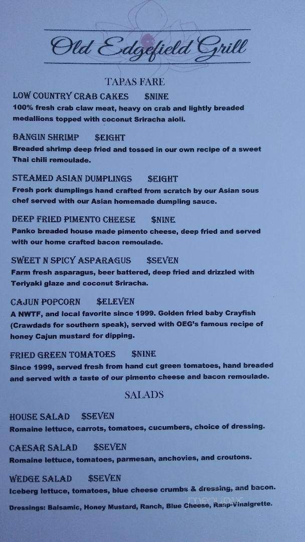 Old Edgefield Grille - Edgefield, SC menu_pic