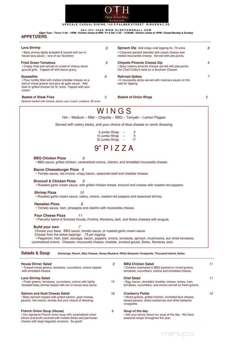 Olde Town Hall Restaurant & Pub - Ridgeway, SC menu_pic