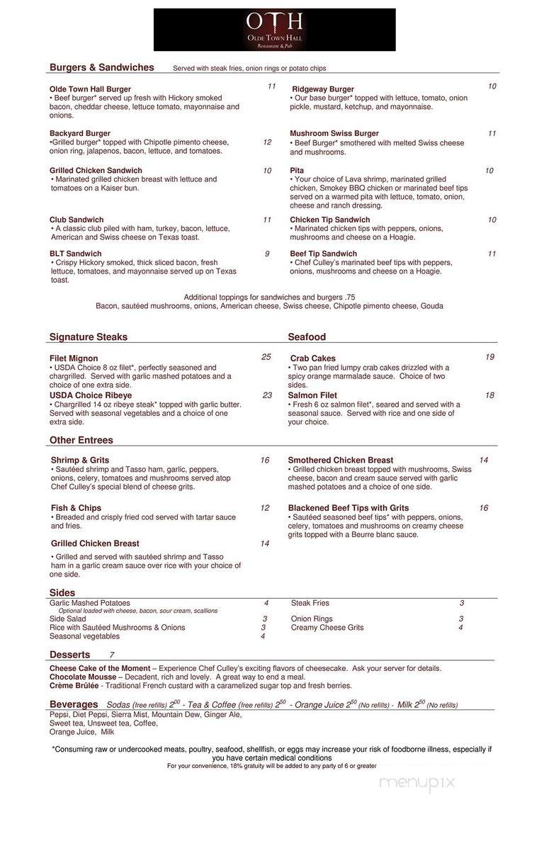 Olde Town Hall Restaurant & Pub - Ridgeway, SC menu_pic