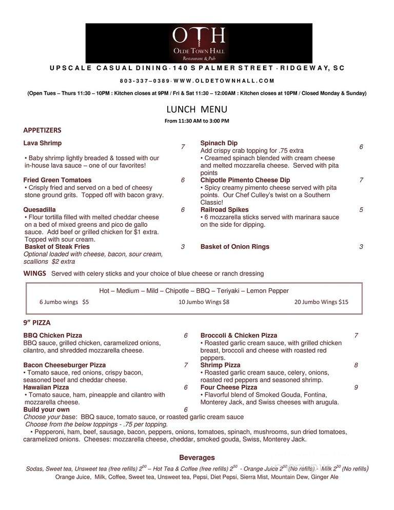 Olde Town Hall Restaurant & Pub - Ridgeway, SC menu_pic