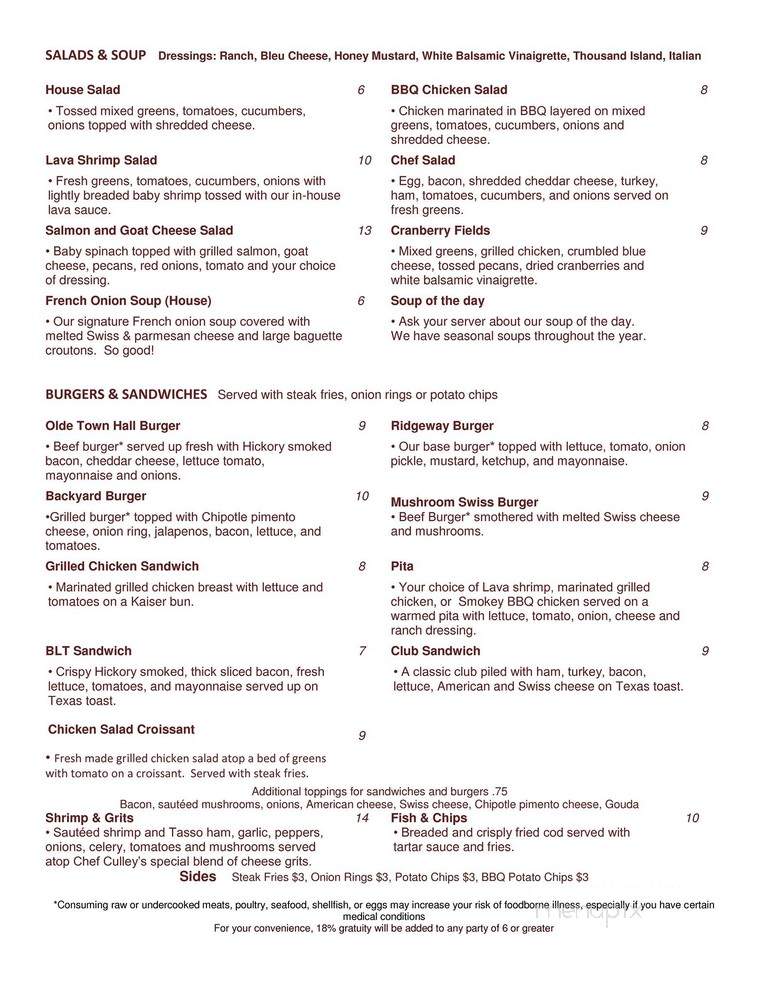 Olde Town Hall Restaurant & Pub - Ridgeway, SC menu_pic