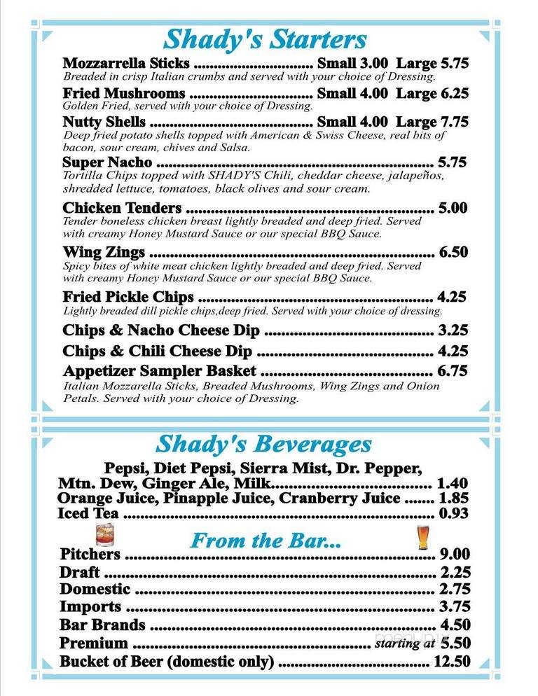 Shadys - Union, SC menu_pic