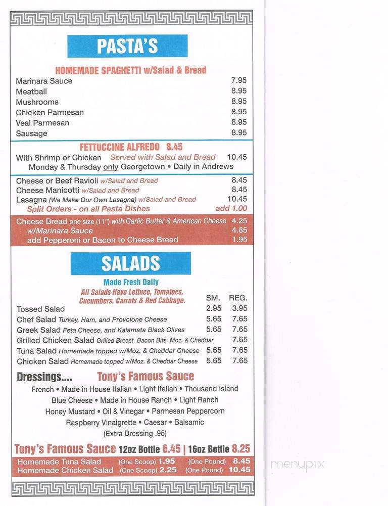Tony's Place - Georgetown, SC menu_pic