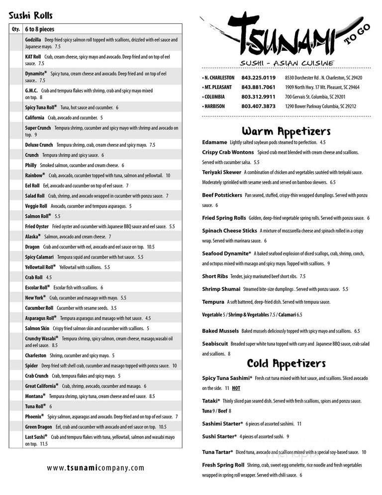 Tsunami Japanese Sushi Bar - Columbia, SC menu_pic