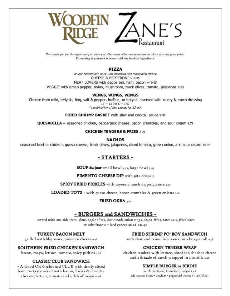 Woodfin Ridge Restaurant - Inman, SC menu_pic