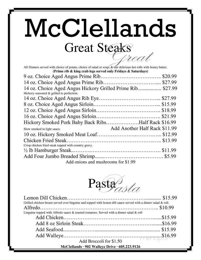 McCelland's Restaurant - Fort Pierre, SD menu_pic