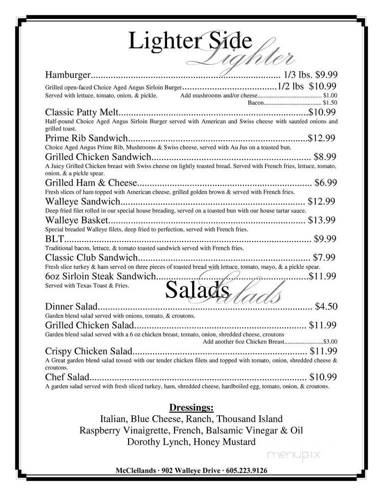 McCelland's Restaurant - Fort Pierre, SD menu_pic