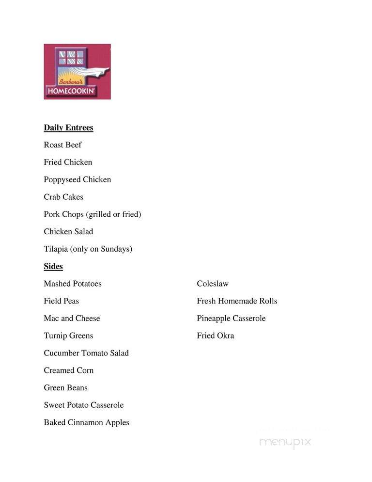 Barbara's Home Cookin - Franklin, TN menu_pic