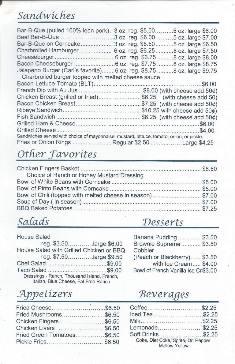 Carl's Perfect Pig Bar B Que - White Bluff, TN menu_pic