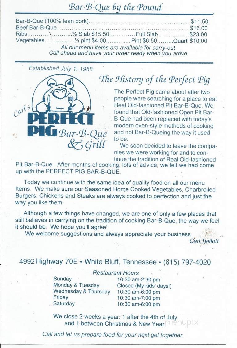 Carl's Perfect Pig Bar B Que - White Bluff, TN menu_pic
