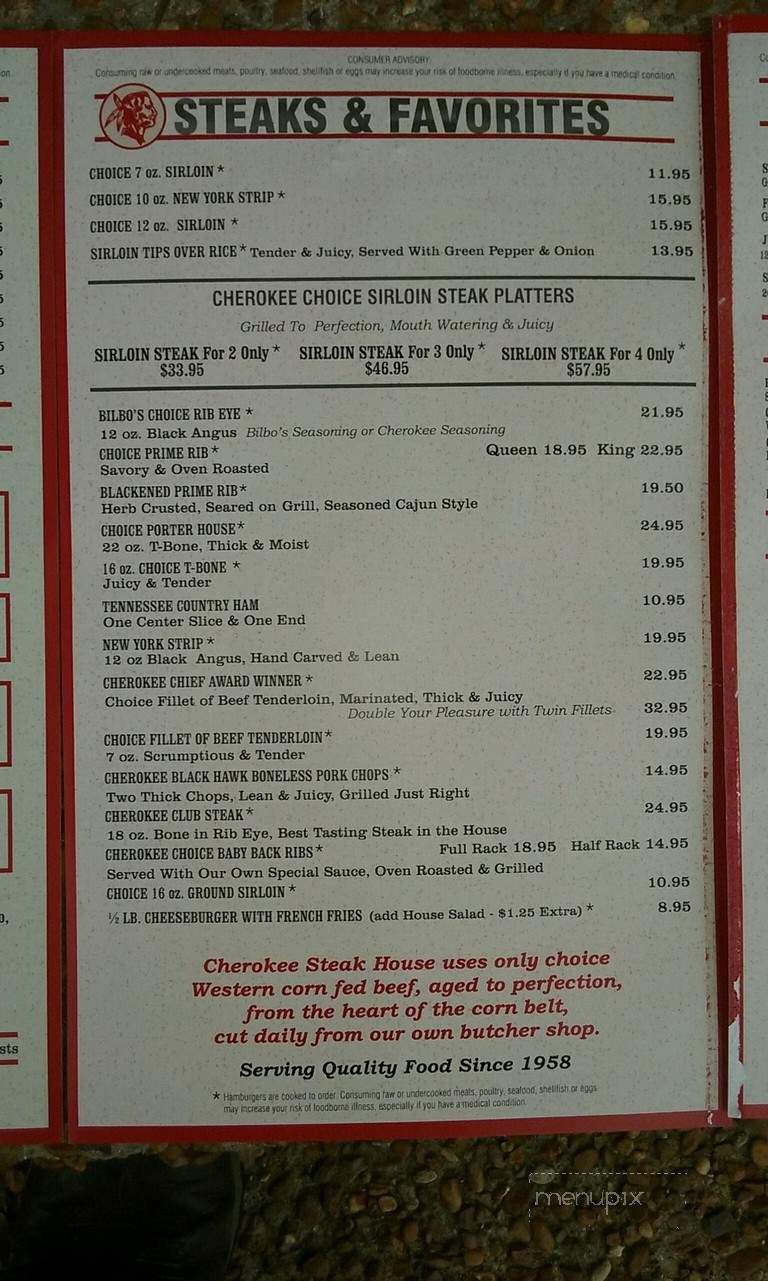 Cherokee Steakhouse & Marina - Lebanon, TN menu_pic
