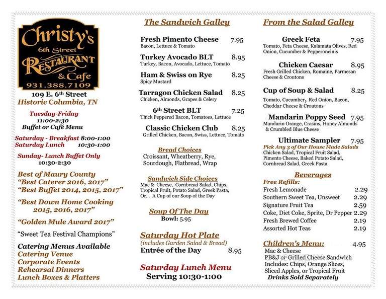 Christy's 6th Street Restaurant - Columbia, TN menu_pic