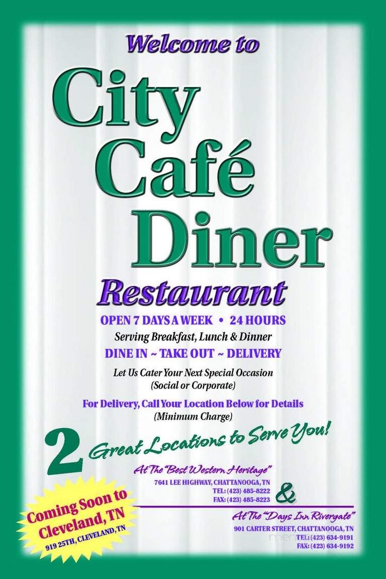 Menu of City Cafe Diner in Chattanooga, TN 37402