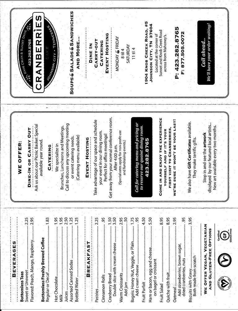 Cranberries - Johnson City, TN menu_pic